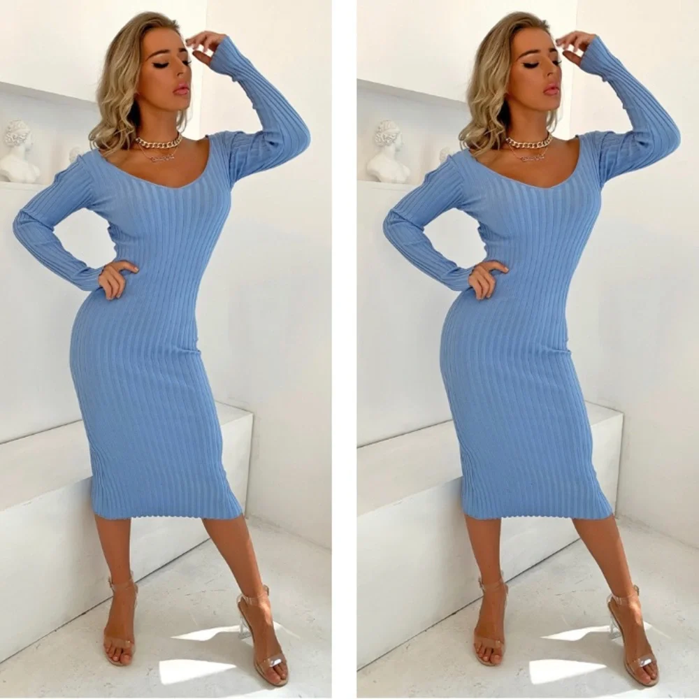 Midi Sweater Dress Long Sleeve Ribbed V-Neck - Picture 1 of 3
